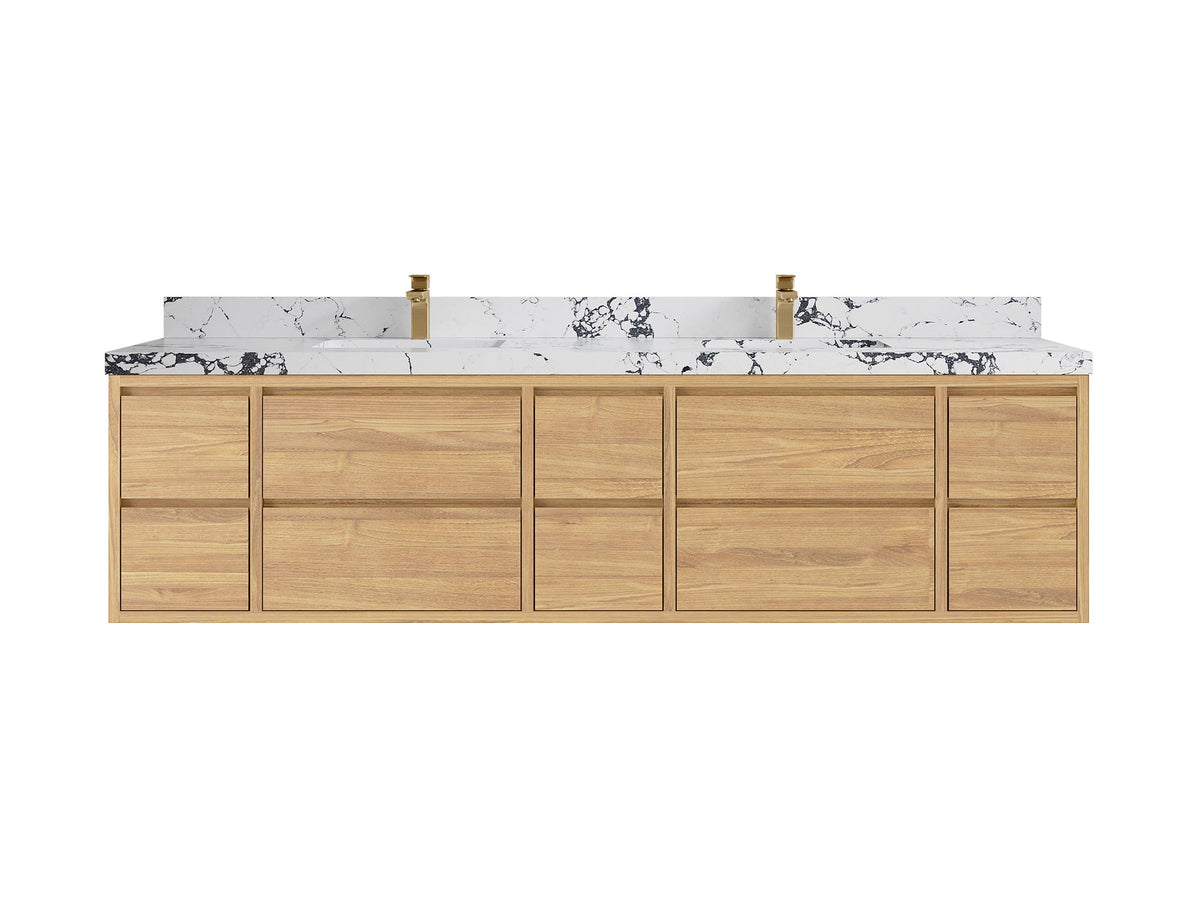 Madison Floating Teak 84 in. W x 22 in. D Double Sink Bathroom Vanity in Light Natural with 2 in Viola Night Quartz Countertop