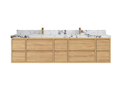 Madison Floating Teak 84 in. W x 22 in. D Double Sink Bathroom Vanity in Light Natural with 2 in Viola Night Quartz Countertop