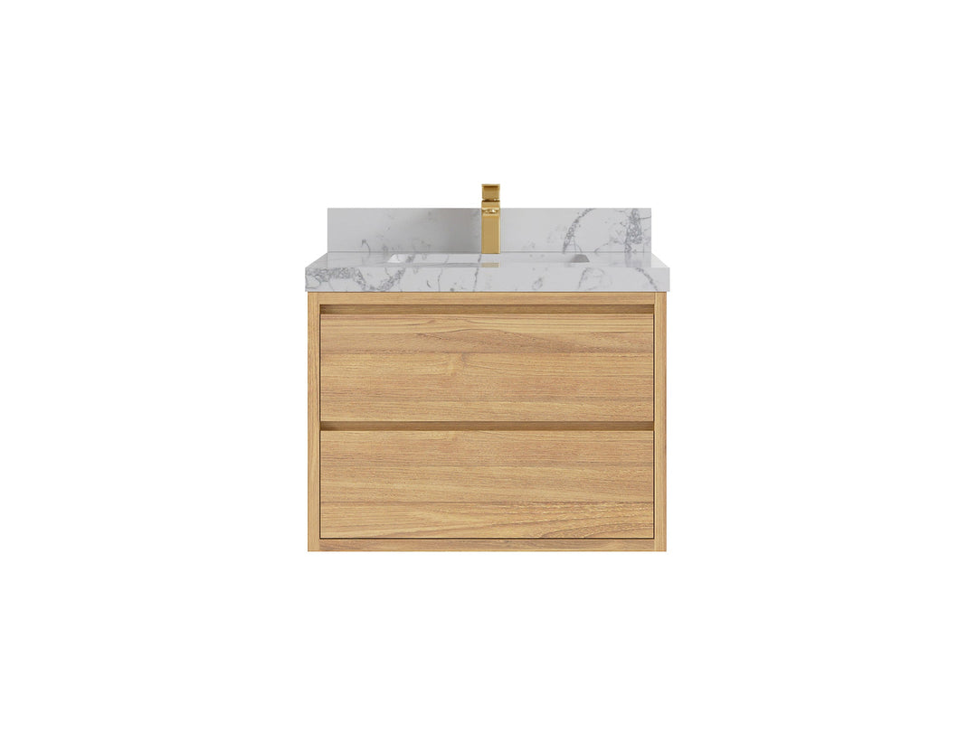 Madison Floating Teak 30 in. W x 22 in. D Single Sink Bathroom Vanity in Light Natural with 2 in Venatino Quartz Countertop