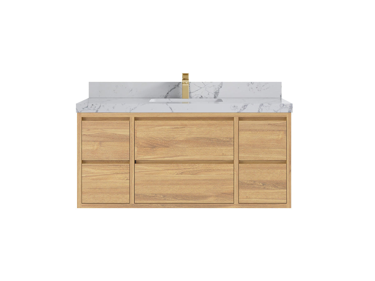 Madison Floating Teak 48 in. W x 22 in. D Single Sink Bathroom Vanity in Light Natural with 2 in Venatino Quartz Countertop