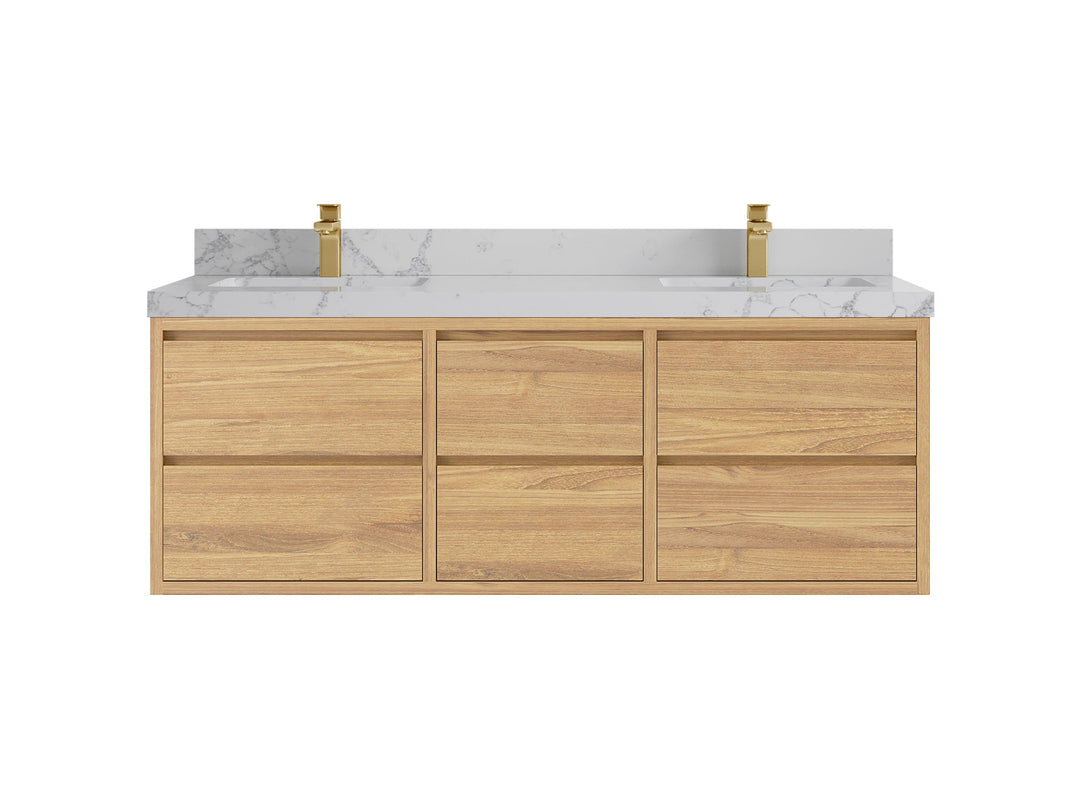 Madison Floating Teak 60 in. W x 22 in. D Double Sink Bathroom Vanity in Light Natural with 2 in Venatino Quartz Countertop