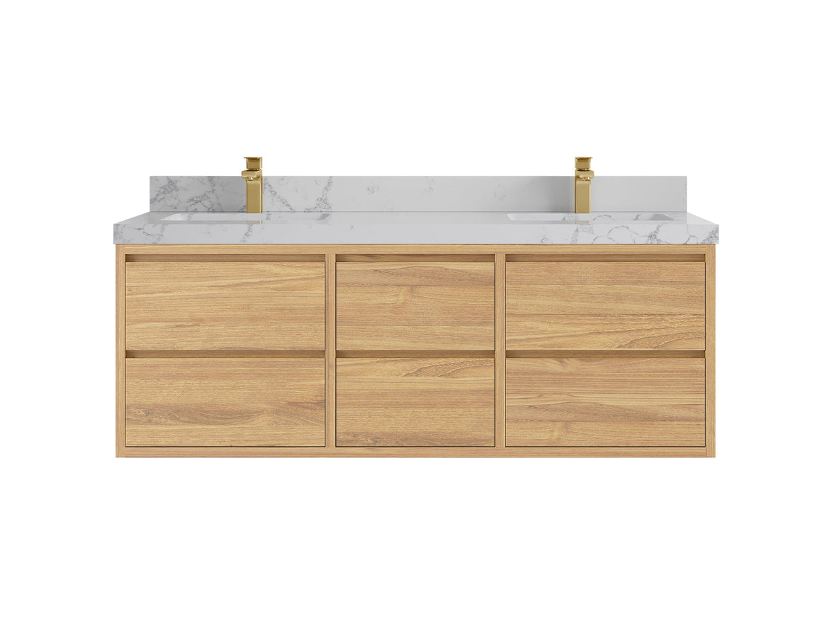 Madison Floating Teak 60 in. W x 22 in. D Double Sink Bathroom Vanity in Light Natural with 2 in Venatino Quartz Countertop