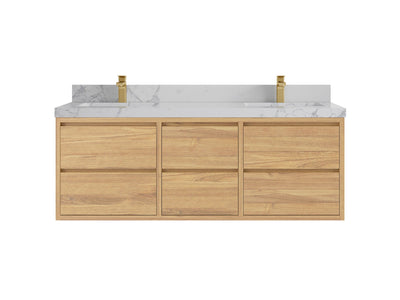 Madison Floating Teak 60 in. W x 22 in. D Double Sink Bathroom Vanity in Light Natural with 2 in Venatino Quartz Countertop