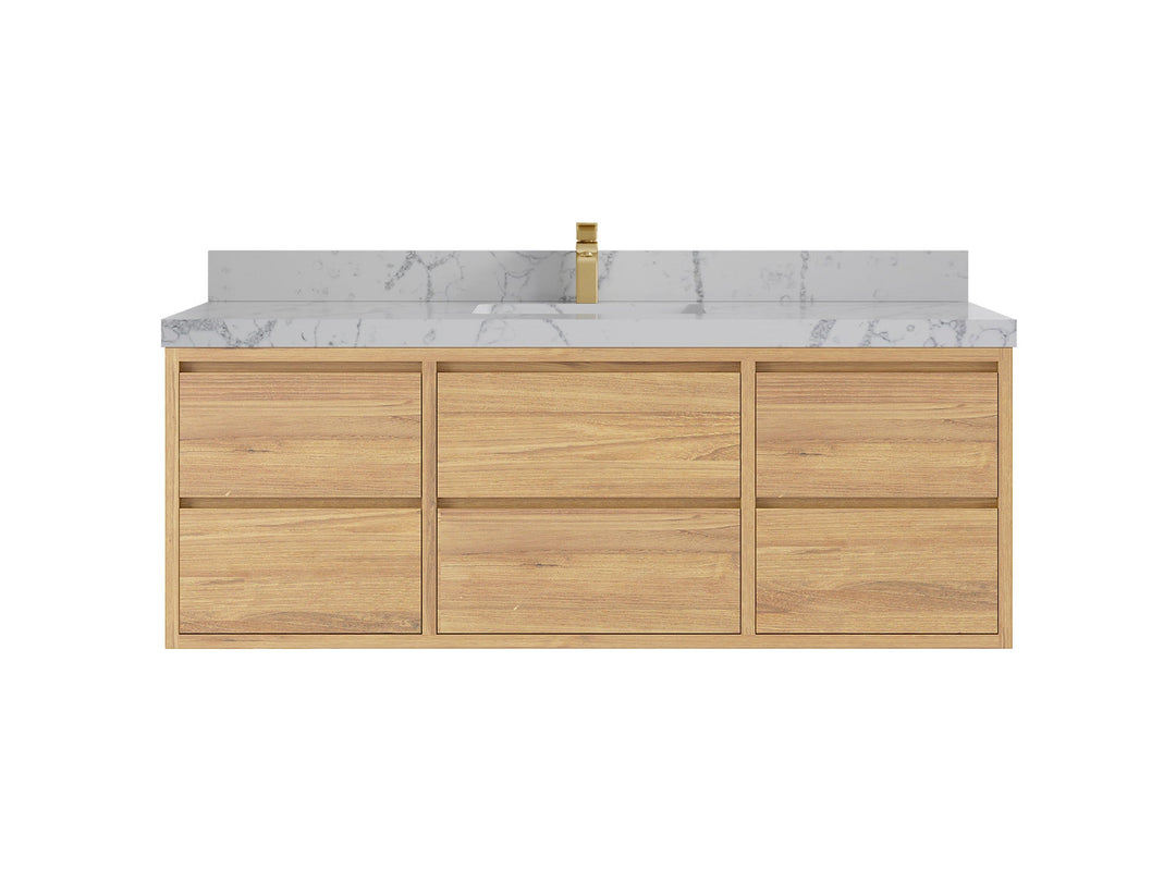 Madison Floating Teak 60 in. W x 22 in. D Single Sink Bathroom Vanity in Light Natural with 2 in Venatino Quartz Countertop