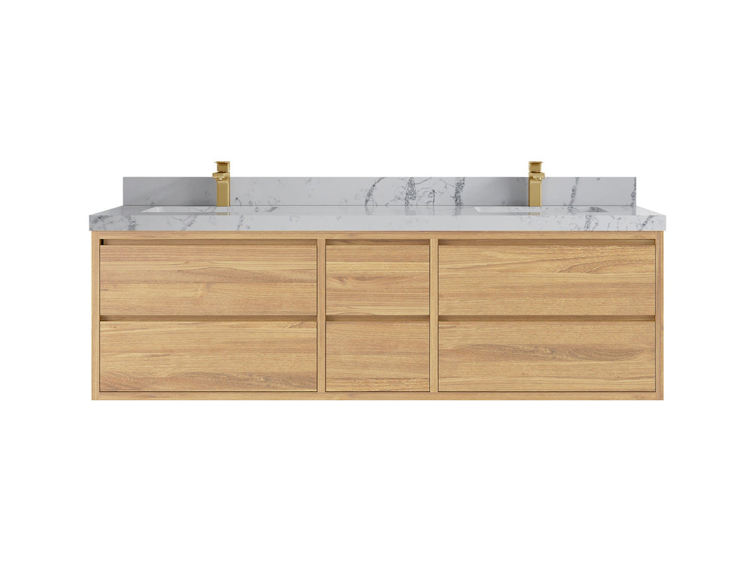 Madison Floating Teak 72 in. W x 22 in. D Double Sink Bathroom Vanity in Light Natural with 2 in Venatino Quartz Countertop