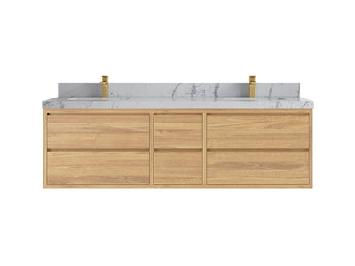 Madison Floating Teak 72 in. W x 22 in. D Double Sink Bathroom Vanity in Light Natural with 2 in Venatino Quartz Countertop