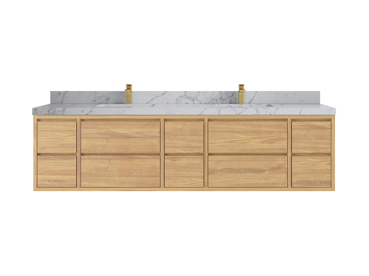 Madison Floating Teak 84 in. W x 22 in. D Double Sink Bathroom Vanity in Light Natural with 2 in Venatino Quartz Countertop