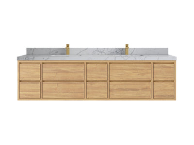 Madison Floating Teak 84 in. W x 22 in. D Double Sink Bathroom Vanity in Light Natural with 2 in Venatino Quartz Countertop