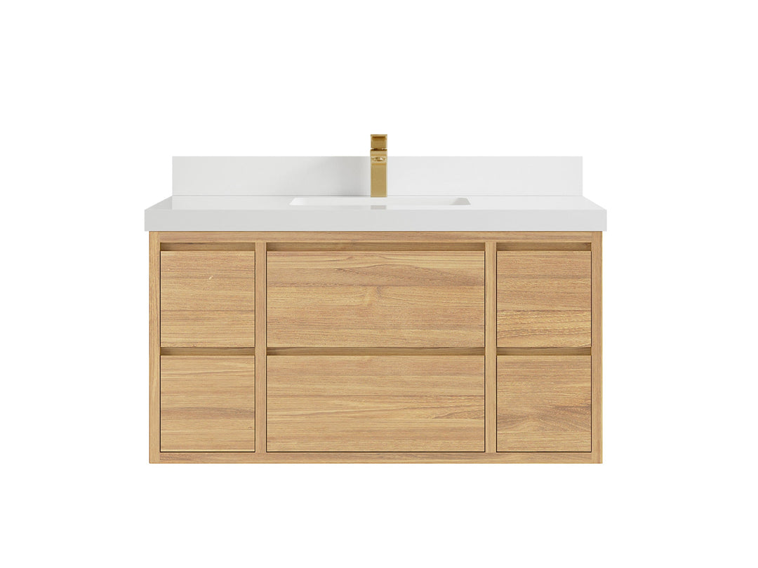Madison Floating Teak 42 in. W x 22 in. D Single Sink Bathroom Vanity in Light Natural with 2 in White Quartz Countertop 