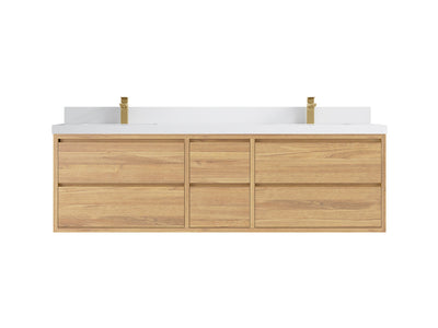 Madison Floating Teak 72 in. W x 22 in. D Double Sink Bathroom Vanity in Light Natural with 2 in White Quartz Countertop