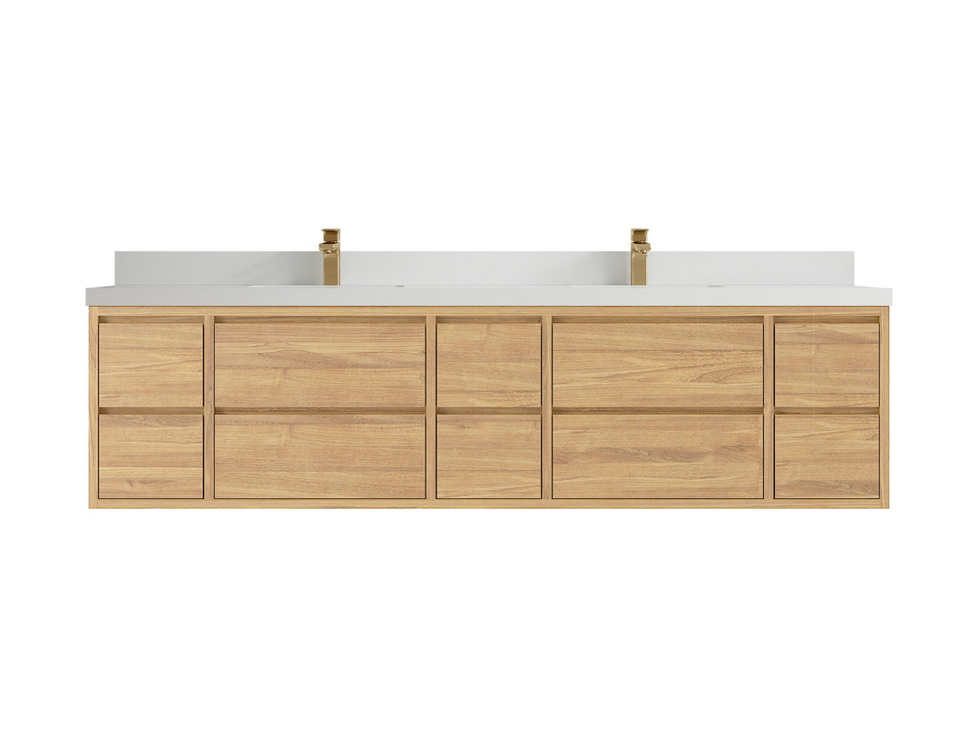 Madison Floating Teak 84 in. W x 22 in. D Double Sink Bathroom Vanity in Light Natural with 2 in White Quartz Countertop 