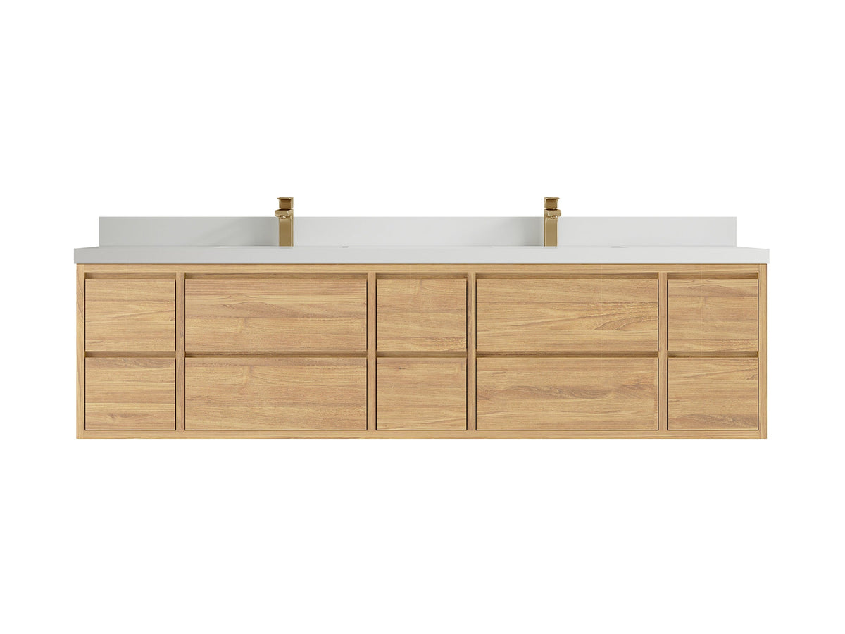 Madison Floating Teak 84 in. W x 22 in. D Double Sink Bathroom Vanity in Light Natural with 2 in White Quartz Countertop