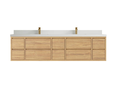 Madison Floating Teak 84 in. W x 22 in. D Double Sink Bathroom Vanity in Light Natural with 2 in White Quartz Countertop