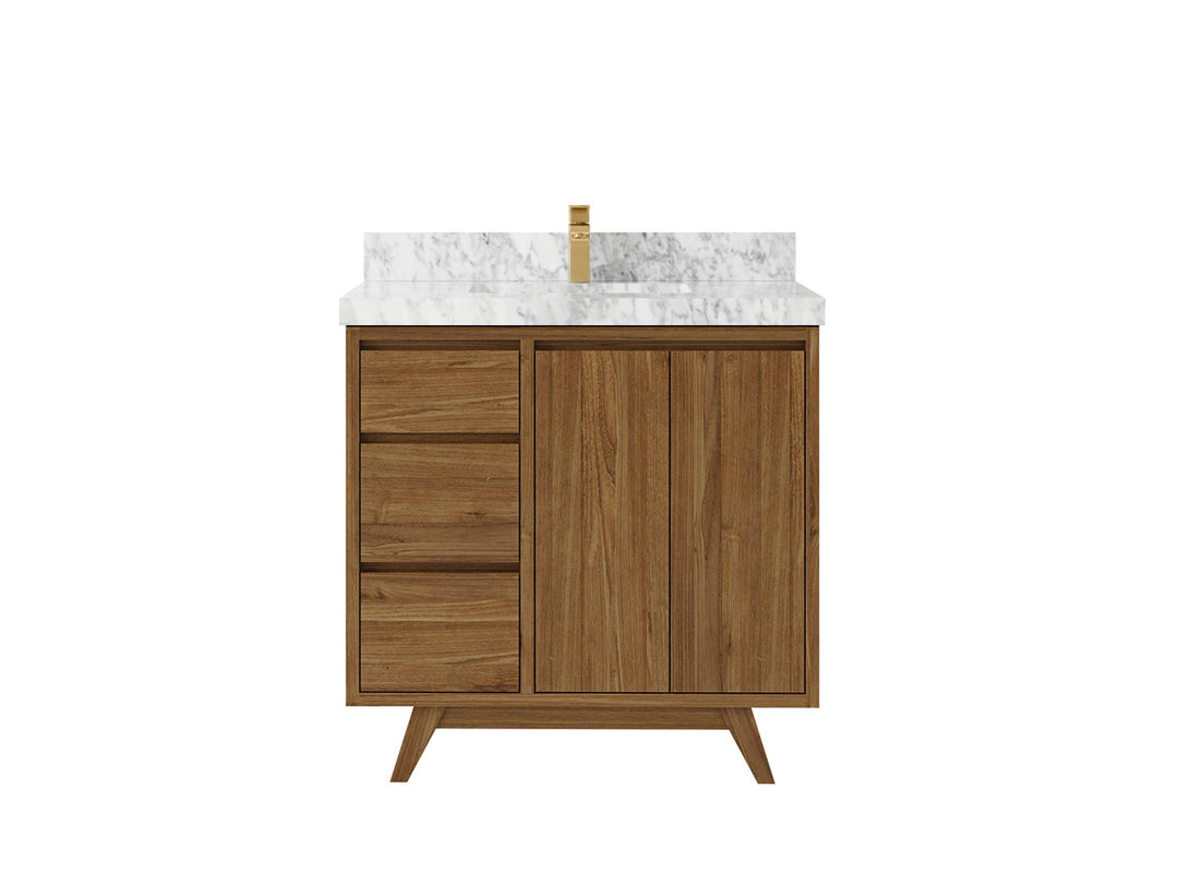 Madison Teak 36 in. W x 22 in. D Center Sink Bathroom Vanity in Dark Natural with 2 in Carrara Marble Countertop