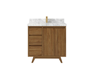 Madison Teak 36 in. W x 22 in. D Center Sink Bathroom Vanity in Dark Natural with 2 in Carrara Marble Countertop
