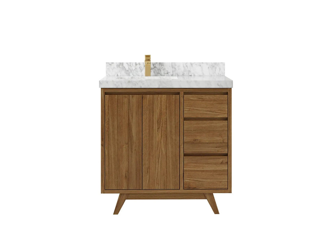 Madison Teak 36 in. W x 22 in. D Left Offset Sink Bathroom Vanity in Dark Natural with 2 in Carrara Marble Countertop