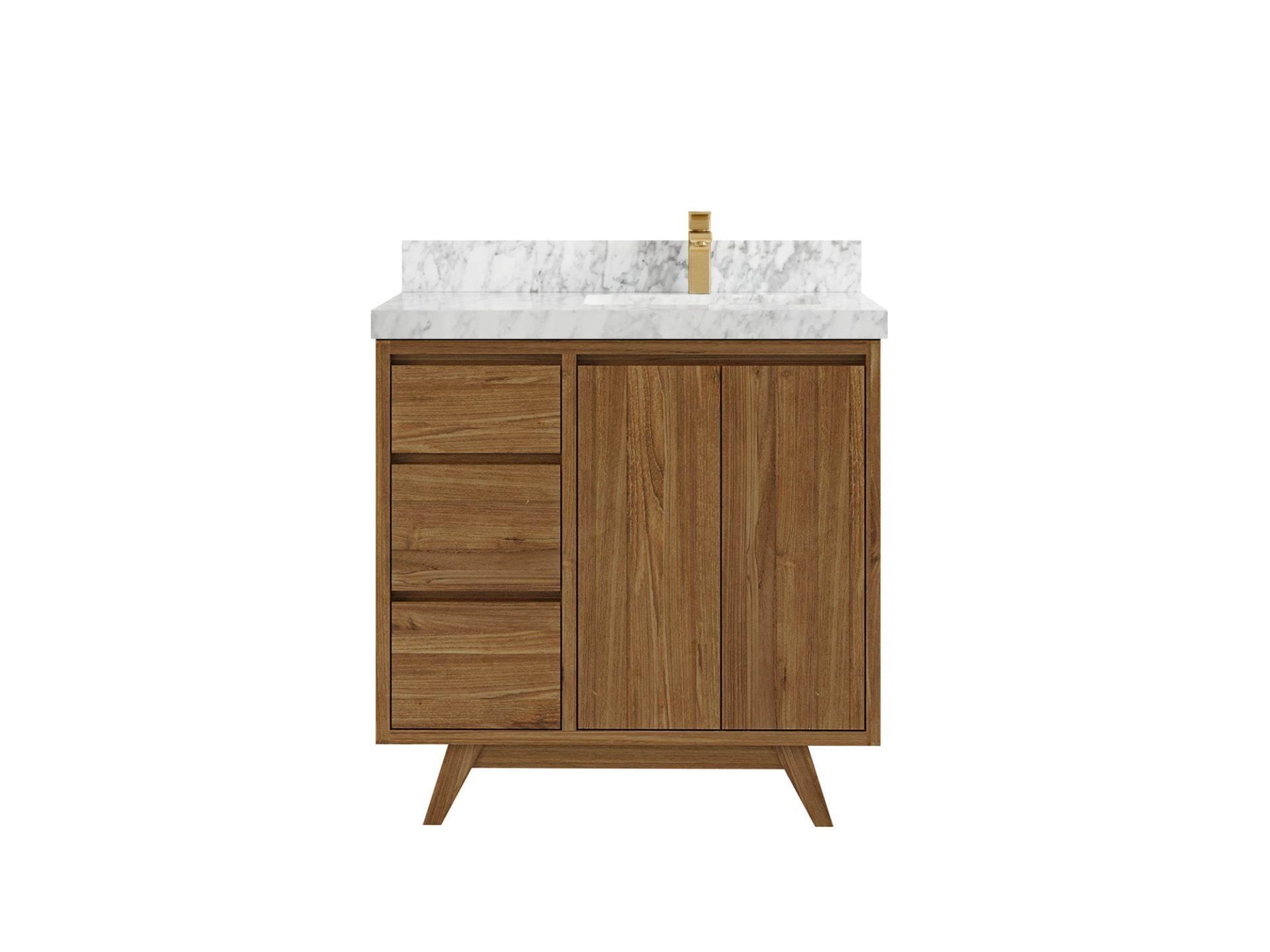Madison Teak 36 in. W x 22 in. D Right Offset Sink Bathroom Vanity in Dark Natural with 2 in Carrara Marble Countertop