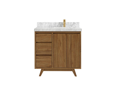 Madison Teak 36 in. W x 22 in. D Right Offset Sink Bathroom Vanity in Dark Natural with 2 in Carrara Marble Countertop