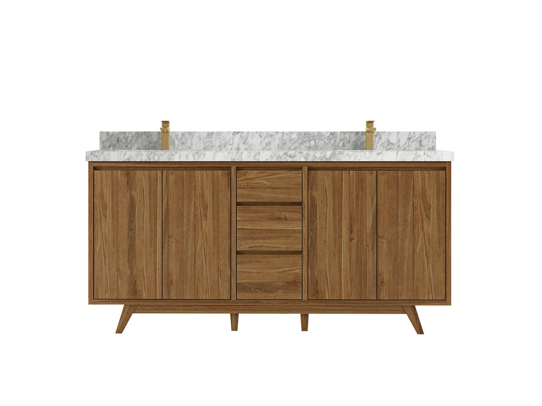 Madison Teak 72 in. W x 22 in. D Double Sink Bathroom Vanity in Dark Natural with 2 in Carrara Marble Countertop