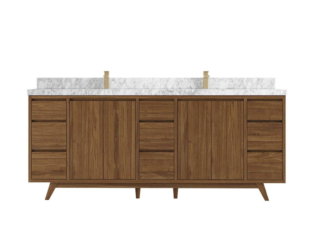 Madison Teak 84 in. W x 22 in. D Double Sink Bathroom Vanity in Dark Natural with 2 in Carrara Marble Countertop