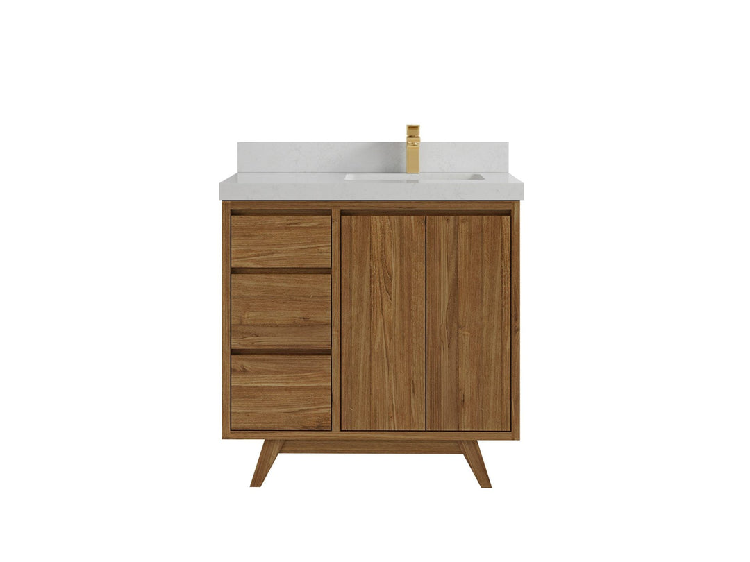 Madison Teak 36 in. W x 22 in. D Right Offset Sink Bathroom Vanity in Dark Natural with 2 in Carrara Quartz Countertop
