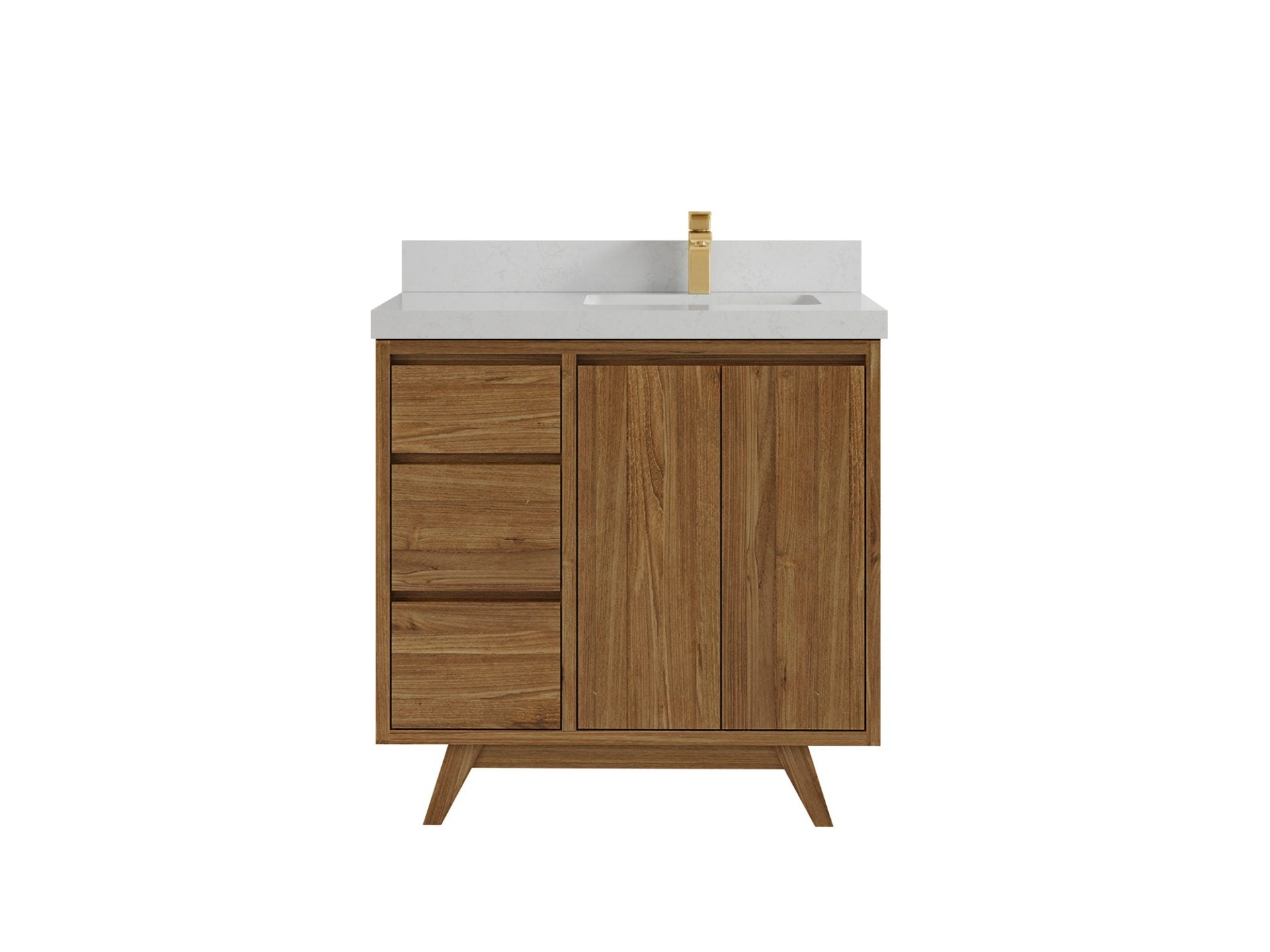 Madison Teak 36 in. W x 22 in. D Right Offset Sink Bathroom Vanity in Dark Natural with 2 in Carrara Quartz Countertop