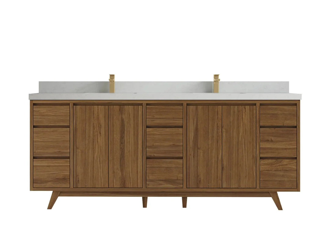 Madison Teak 84 in. W x 22 in. D Double Sink Bathroom Vanity in Dark Natural with 2 in Carrara Quartz Countertop