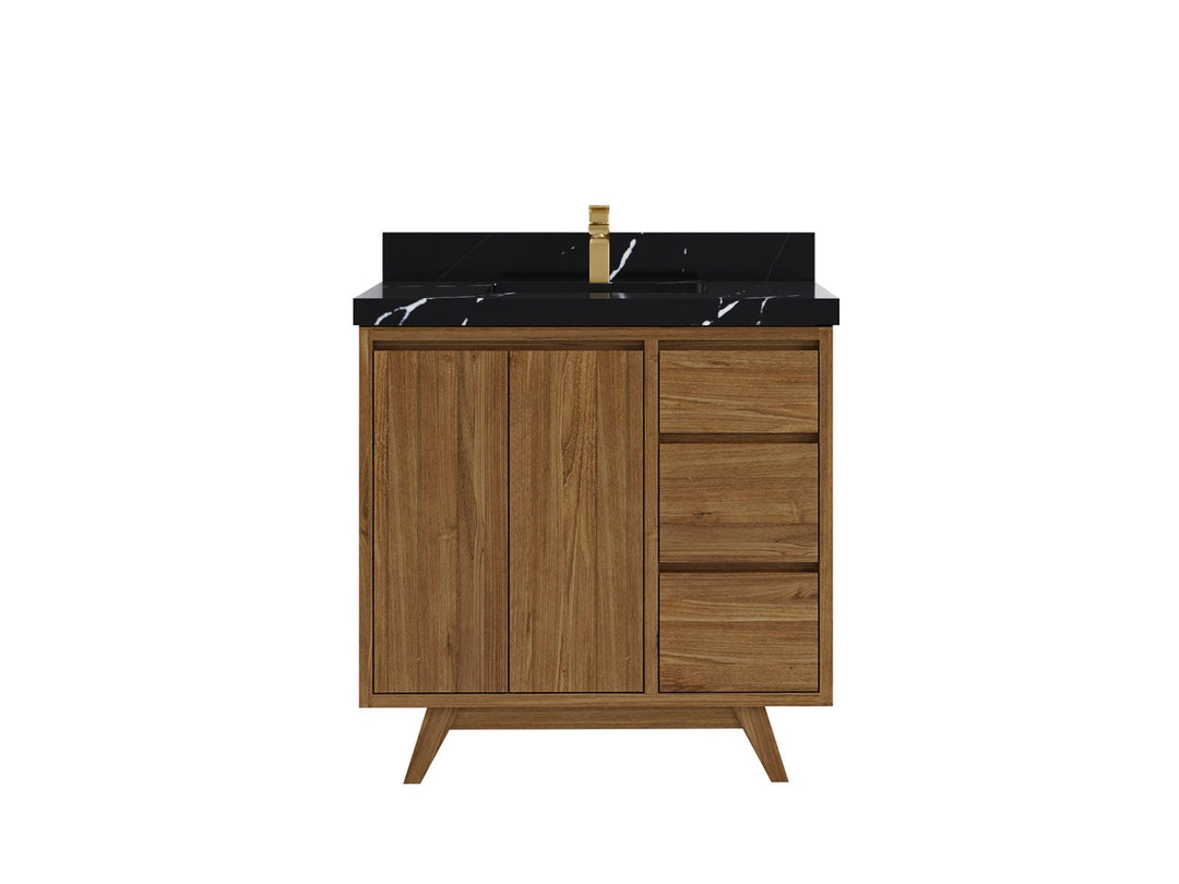 Madison Teak 36 in. W x 22 in. D Center Sink Bathroom Vanity in Dark Natural with 2 in Calacatta Black Quartz Countertop