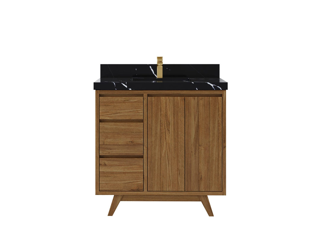 Madison Teak 36 in. W x 22 in. D Center Sink Bathroom Vanity in Dark Natural with 2 in Calacatta Black Quartz Countertop