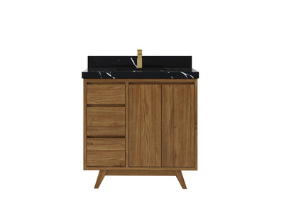 Madison Teak 36 in. W x 22 in. D Center Sink Bathroom Vanity in Dark Natural with 2 in Calacatta Black Quartz Countertop