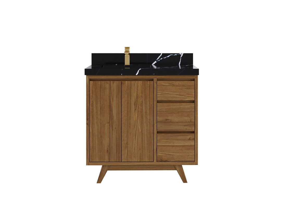 Madison Teak 36 in. W x 22 in. D Left Offset Sink Bathroom Vanity in Dark Natural with 2 in Calacatta Black Quartz Countertop