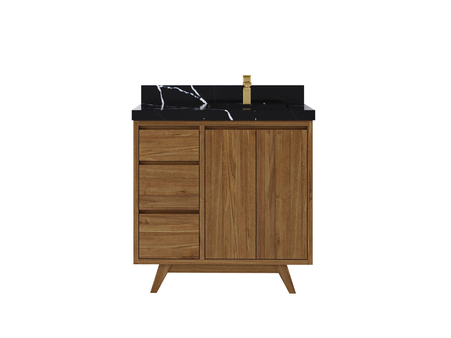 Madison Teak 36 in. W x 22 in. D Right Offset Sink Bathroom Vanity in Dark Natural with 2 in Calacatta Black Quartz Countertop