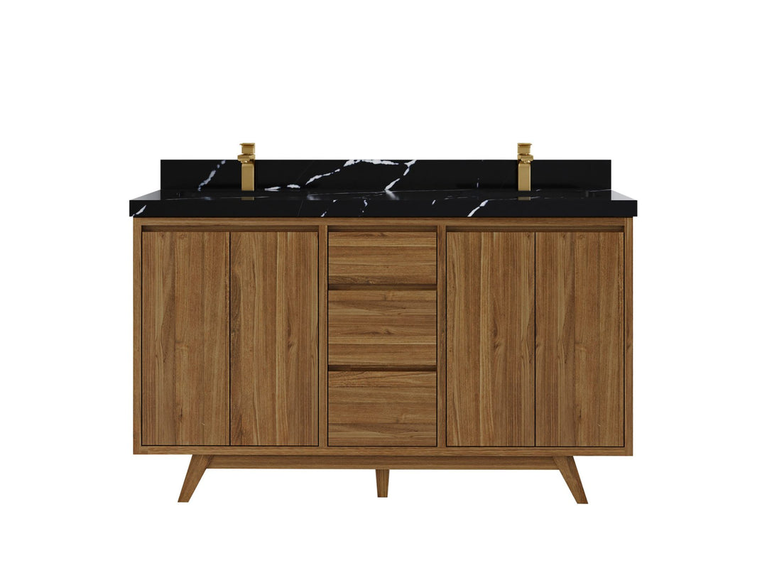 Madison Teak 60 in. W x 22 in. D Double Sink Bathroom Vanity in Dark Natural with 2 in Calacatta Black Quartz Countertop