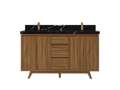 Madison Teak 60 in. W x 22 in. D Double Sink Bathroom Vanity in Dark Natural with 2 in Calacatta Black Quartz Countertop