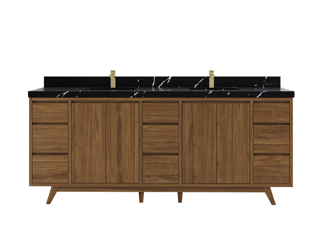 Madison Teak 84 in. W x 22 in. D Double Sink Bathroom Vanity in Dark Natural with 2 in Calacatta Black Quartz Countertop