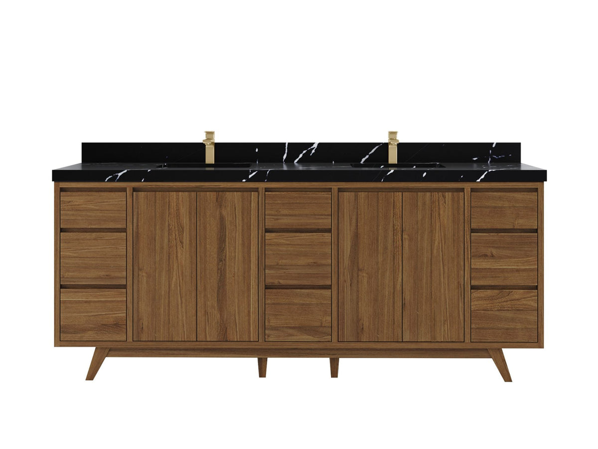 Madison Teak 84 in. W x 22 in. D Double Sink Bathroom Vanity in Dark Natural with 2 in Calacatta Black Quartz Countertop