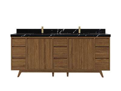 Madison Teak 84 in. W x 22 in. D Double Sink Bathroom Vanity in Dark Natural with 2 in Calacatta Black Quartz Countertop