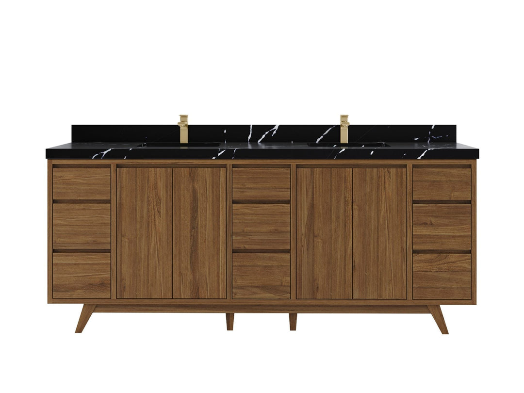 Madison Teak 84 in. W x 22 in. D Double Sink Bathroom Vanity in Dark Natural with 2 in Calacatta Black Quartz Countertop