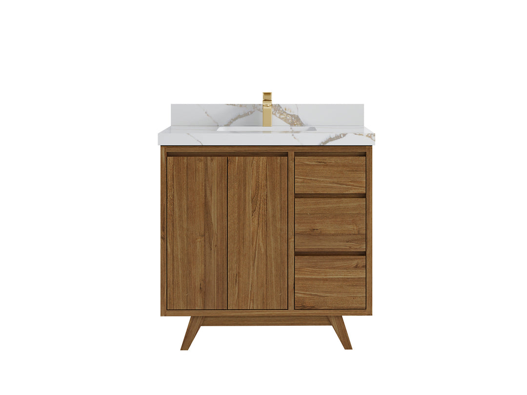 Madison Teak 36 in. W x 22 in. D Center Sink Bathroom Vanity in Dark Natural with 2 in Calacatta Gold Quartz Countertop