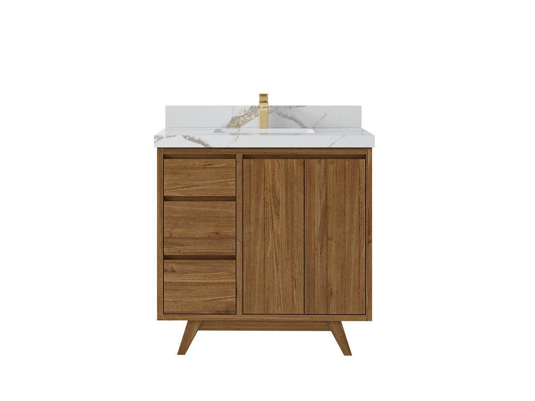 Madison Teak 36 in. W x 22 in. D Center Sink Bathroom Vanity in Dark Natural with 2 in Calacatta Gold Quartz Countertop