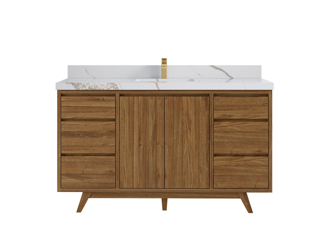 Madison Teak 60 in. W x 22 in. D Single Sink Bathroom Vanity in Dark Natural with 2 in Calacatta Gold Quartz Countertop