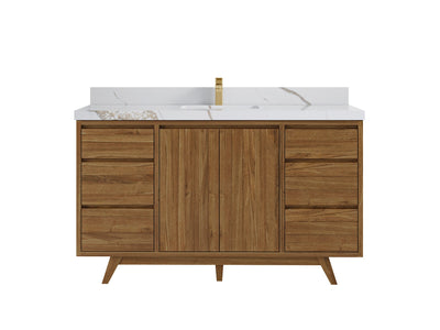 Madison Teak 60 in. W x 22 in. D Single Sink Bathroom Vanity in Dark Natural with 2 in Calacatta Gold Quartz Countertop