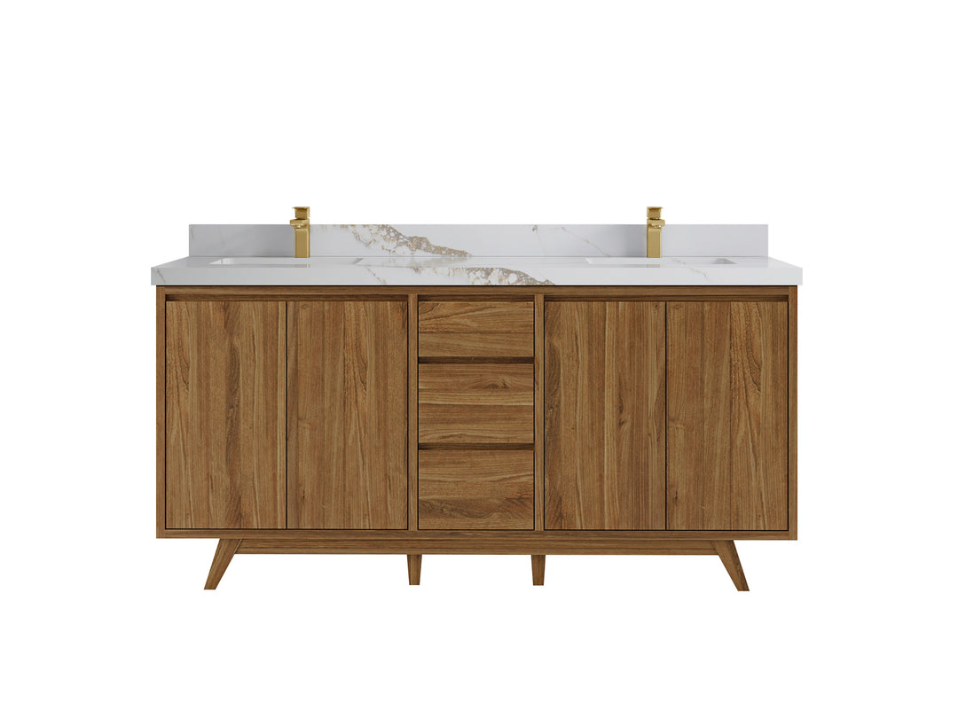 Madison Teak 72 in. W x 22 in. D Double Sink Bathroom Vanity in Dark Natural with 2 in Calacatta Gold Quartz Countertop
