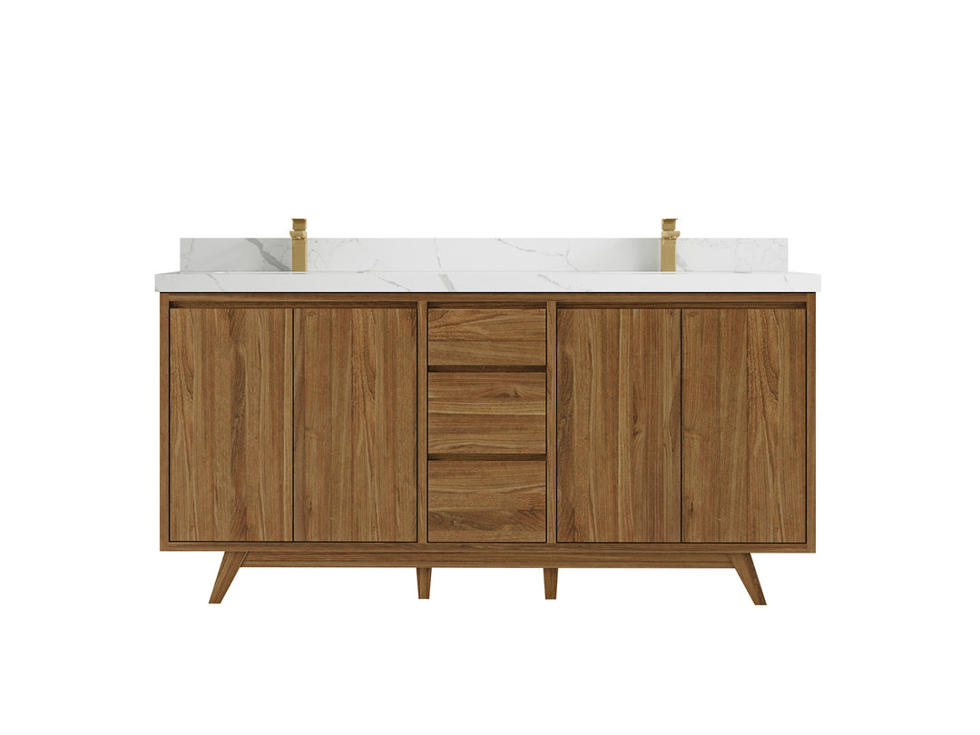 Madison Teak 72 in. W x 22 in. D Double Sink Bathroom Vanity in Dark Natural with 2 in Calacatta Laza Quartz Countertop
