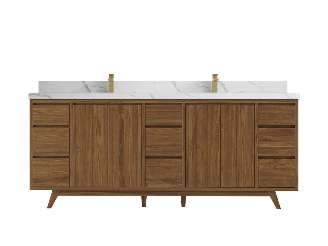 Madison Teak 84 in. W x 22 in. D Double Sink Bathroom Vanity in Dark Natural with 2 in Calacatta Laza Quartz Countertop
