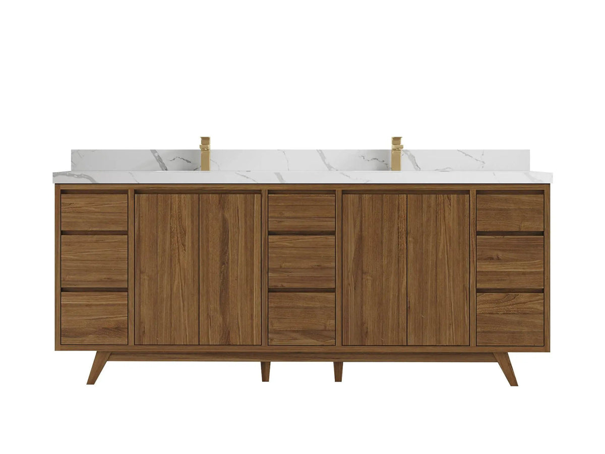 Madison Teak 84 in. W x 22 in. D Double Sink Bathroom Vanity in Dark Natural with 2 in Calacatta Laza Quartz Countertop