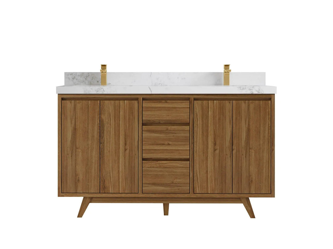 Madison Teak 60 in. W x 22 in. D Double Sink Bathroom Vanity in Dark Natural with 2 in Calacatta Nuvo Quartz Countertop 