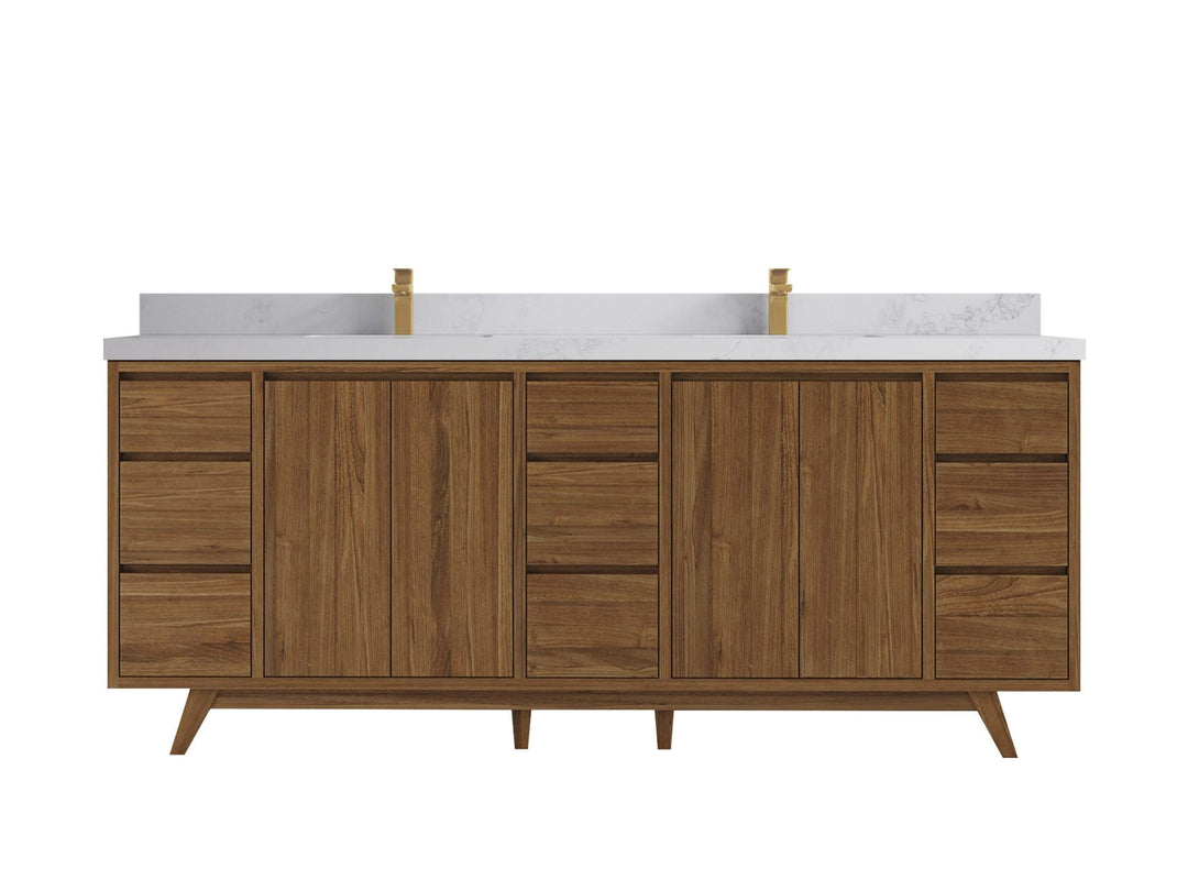 Madison Teak 84 in. W x 22 in. D Double Sink Bathroom Vanity in Dark Natural with 2 in Calacatta Nuvo Quartz Countertop 