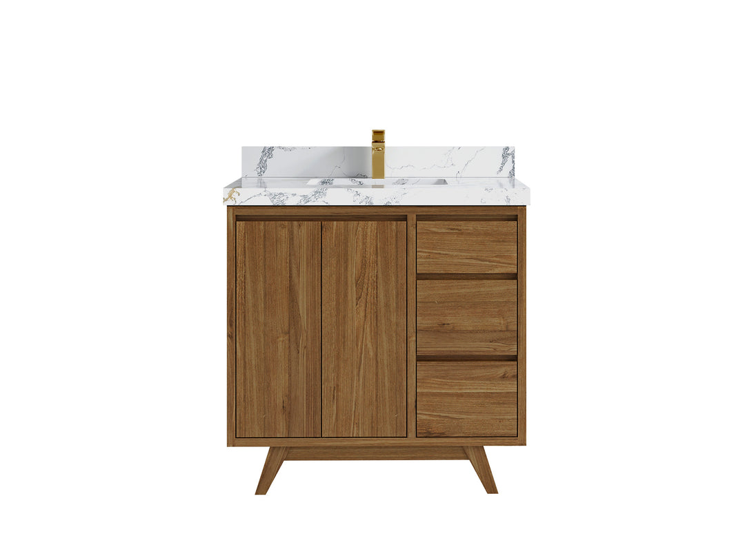 Madison Teak 36 in. W x 22 in. D Center Sink Bathroom Vanity in Dark Natural with 2 in Calacatta Poanazzo Quartz Countertop