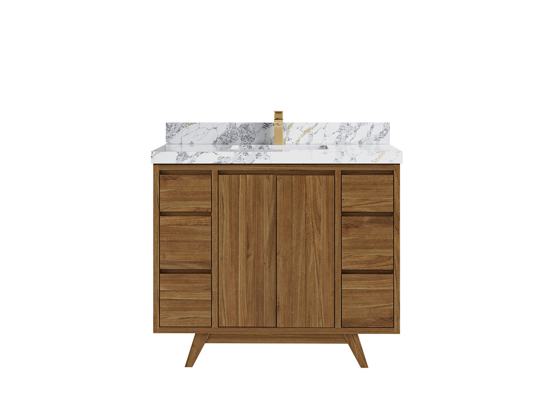 Madison Teak 42 in. W x 22 in. D Single Sink Bathroom Vanity in Dark Natural with 2 in Calacatta Poanazzo Quartz Countertop